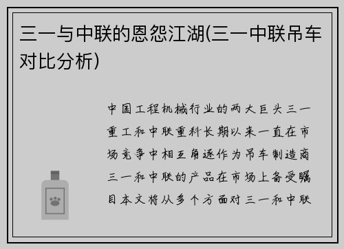 三一与中联的恩怨江湖(三一中联吊车对比分析)